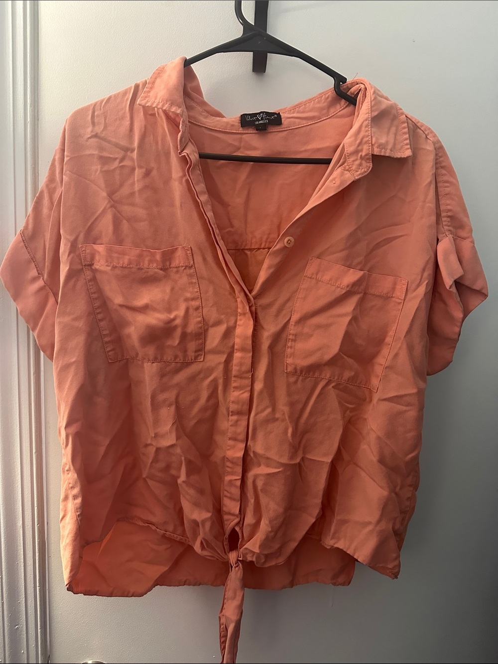 Button-Front Tie-Hem Shirt - Coral